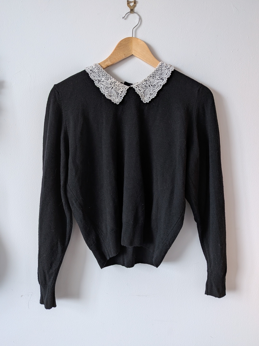 Black Sweater with Peter Pan Lace Collar, 100% Lambswool